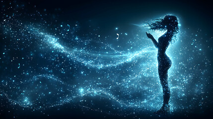 Naklejka premium A shimmering silhouette of a woman amidst a celestial blue expanse of swirling light and floating music notes