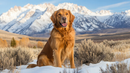 A golden retriever sits in a snowy landscape with mountains in the background.