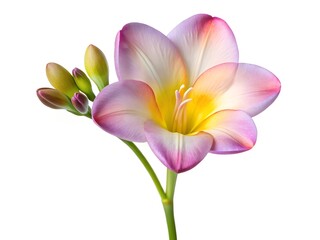 Obraz premium A delicate freesia blossom, bursting with soft pink and yellow hues, a symbol of new beginnings and gentle beauty, isolated against a pure white background.