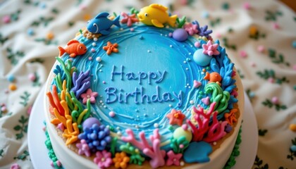 Underwater Cake Scene An imaginative underwater cake design surrounded by coral reefs, fish, and shimmering bubbles.