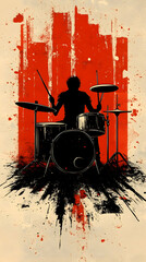 A silhouette of a drummer plays with his kit over an abstract background of red stripes and black spray paint a music e
