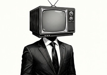 Tv head man in suit concept art for media influence and control theme