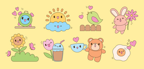 cute kawaii style cartoon graphic vector set in happy morning concept