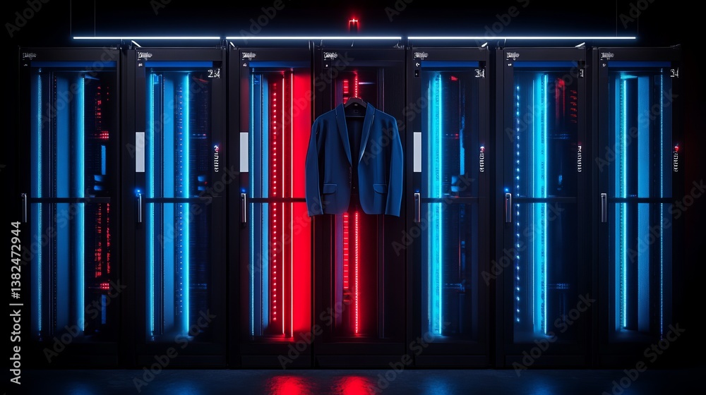 Wall mural a long corridor of a data center with rows and columns filled with glowing blue computer server cabi
