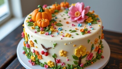 Seasonal Cake Display A cake designed with seasonal elements&acirc;&euro;&rdquo;pumpkins for fall, flowers for spring, snowflakes for winter, etc.