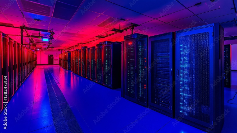 Wall mural a long corridor of a data center with rows and columns filled with glowing blue computer server cabi