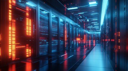 A long corridor of a data center with rows and columns filled with glowing blue computer server cabinets