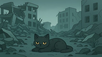 A digital illustration of a black cat with yellow eyes lying amidst the rubble of a collapsed building. The misty, muted background features urban ruins after an earthquake, with a somber color palett