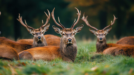 A group of deer resting in a grassy field, showcasing their antlers in a natural setting.