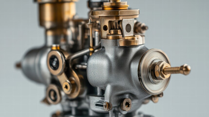 Precision Engine Component: Close-up view of a meticulously crafted engine component, showcasing intricate details, polished metal surfaces, and brass accents.