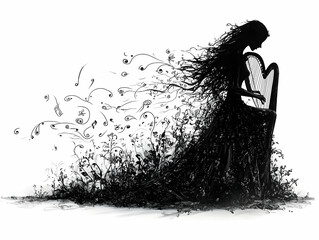 Fototapeta premium A silhouette of a woman playing harp Her dress is made of plants and notes floating into the background