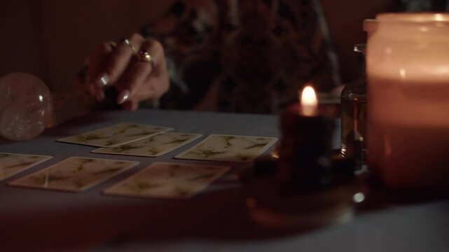 witch girl lays out tarot cards on the table