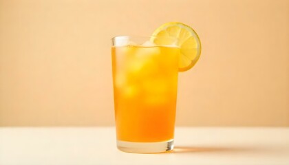 Fototapeta premium A studio shot features a clear glass filled with a vibrant orange liquid, topped with a slice of lemon