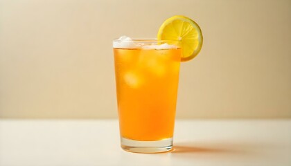 A studio shot features a clear glass filled with a vibrant orange liquid, topped with a slice of lemon