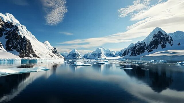 A stunning panoramic view of the Antarctic landscape, icebergs floating in a peaceful bay.