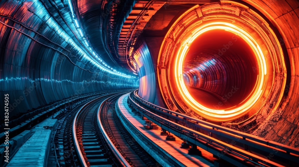 Wall mural a long, futuristic subway tunnel with neon lights and train tracks.