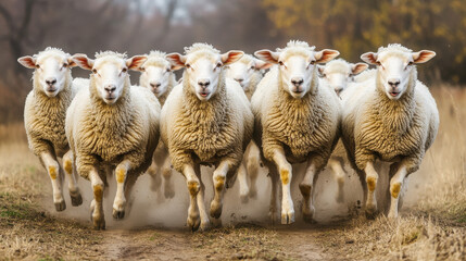 Obraz premium A group of sheep running towards the camera in a natural setting.