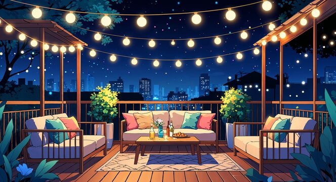 Cozy outdoor terrace with fairy lights at night party scene anime cartoon style illustration artwork design background