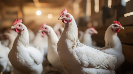 A group of white chickens in a barn setting, showcasing farm life and poultry farming.