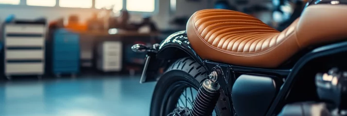 Papier peint photo Moto Intricate detailing showcased on classic motorcycle seat with leather upholstery  © nia