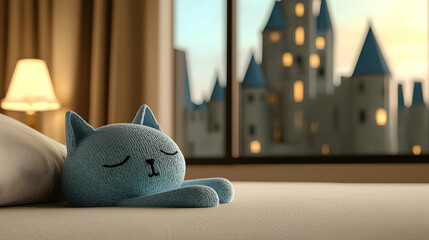 Blue Plush Cat Toy Sleeping on Bed with Castle View