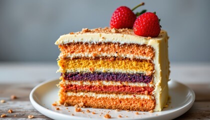 Colorful Layer Cake A cross section view of a multi layer cake with distinct colors and textures, adorned with fresh fruits on top.