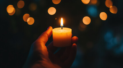 A hand holding a lit candle against a blurred background of warm lights.