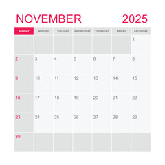 Classic monthly calendar for 2025. week starts on sunday. simple November 2025 calendar template. monthly planner design in box