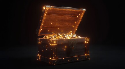 Golden light and shimmering sparks radiate from an open cardboard box, enhancing the feeling of mystery and magic against the dark background.