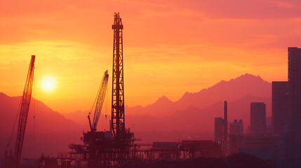 Sunset over industrial landscape featuring drilling rig and cranes silhouetted against vibrant orange sky, evoking sense of tranquility and