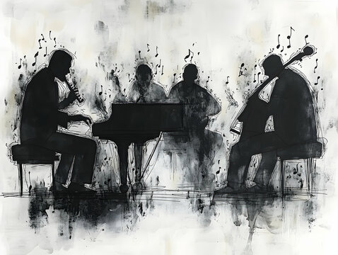 Black and white rendering of a jazz band performing with piano wind and string instruments surrounded by musical notes