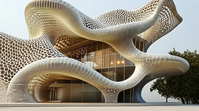 Innovative architectural design featuring a fluid, organic structure with intricate patterns and large windows