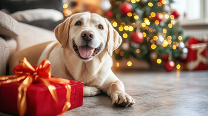 A happy dog lies beside a gift near a decorated Christmas tree.