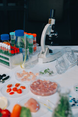 Team Asian scientists in a lab conducting food research using a microscope and lab equipment, showcasing innovation in food science and biotechnology