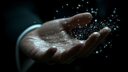 Fototapeta premium Close-up of a hand holding and releasing sparkling shimmering particles against a dark backdrop evoking mystery and en