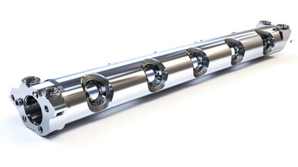 Industrial Precision: A detailed, high-angle perspective showcases a cylindrical, polished metal component with several circular apertures, perfect for industrial or technological applications.