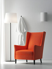 A stylish orange armchair next to a floor lamp in a modern living room setting