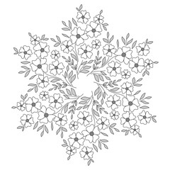 Bouquet of flowers and leaves. Romantic round hexagonal ornament. Graceful floral mandala coloring page. Monochrome black graphic design of summer flowers.