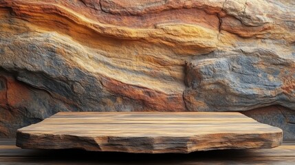 Rustic wooden podium in a rocky desert landscape, with vibrant layers of sandstone 