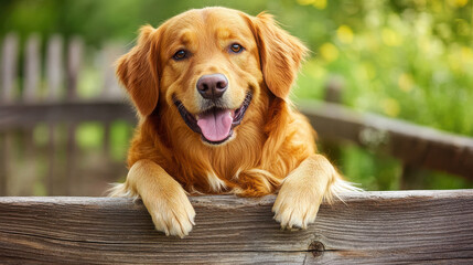 A happy golden retriever resting its paws on a wooden fence in a lush green setting.