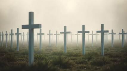 Fototapeta premium white Graveyard with white crosses in foggy atmosphere, symbolizing remembrance and loss