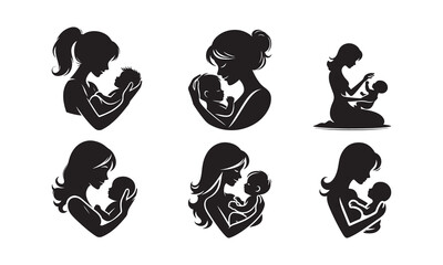 Set of mother and child silhouette icon vector on white background