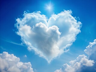 Celestial Love: A cloud shaped like a heart floats gracefully against a backdrop of a bright blue sky, radiating love and serenity. Evokes feelings of love, affection, and emotional connection.