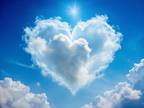 Celestial Love: A cloud shaped like a heart floats gracefully against a backdrop of a bright blue sky, radiating love and serenity. Evokes feelings of love, affection, and emotional connection.
