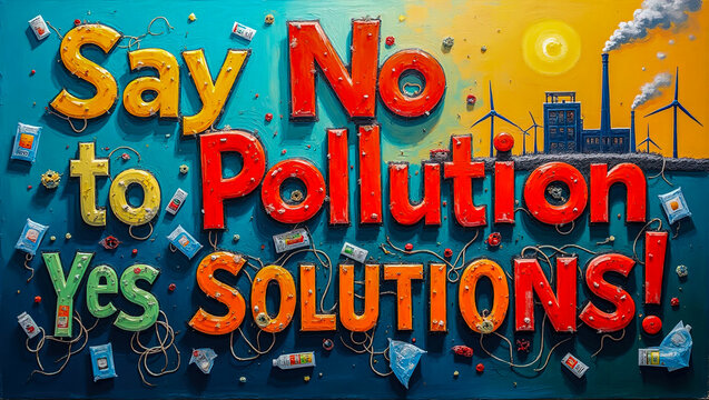 A vibrant illustration, with the text "Say No to Pollution, Yes Solutions!". The image depicts a call to action for environmental protection, combining bold lettering with symbols of industry.