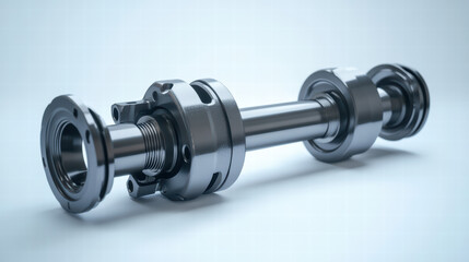 Obraz premium Precision Engineered Shaft Assembly: A close-up of a meticulously crafted shaft assembly, showcasing its intricate details and robust construction. The silver metallic surface reflects light.