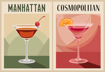 Cocktails retro poster set. Manhattan, Cosmopolitan. Collection of popular alcohol drinks. Vintage style vector illustrations, bar, pub, restaurant, kitchen wall art print