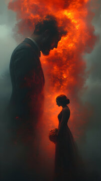 Elegant couple silhouetted against fire and smoke Poignant figures embrace in dramatic emotional scene Dark and fiery