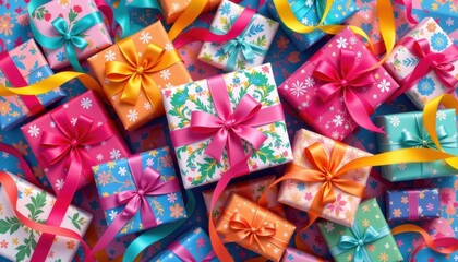 Kaleidoscope of Gifts Overlapping gifts with vibrant, kaleidoscopic patterns and colorful ribbons showcasing depth and movement.