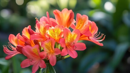 Vibrant coral azaleas in garden